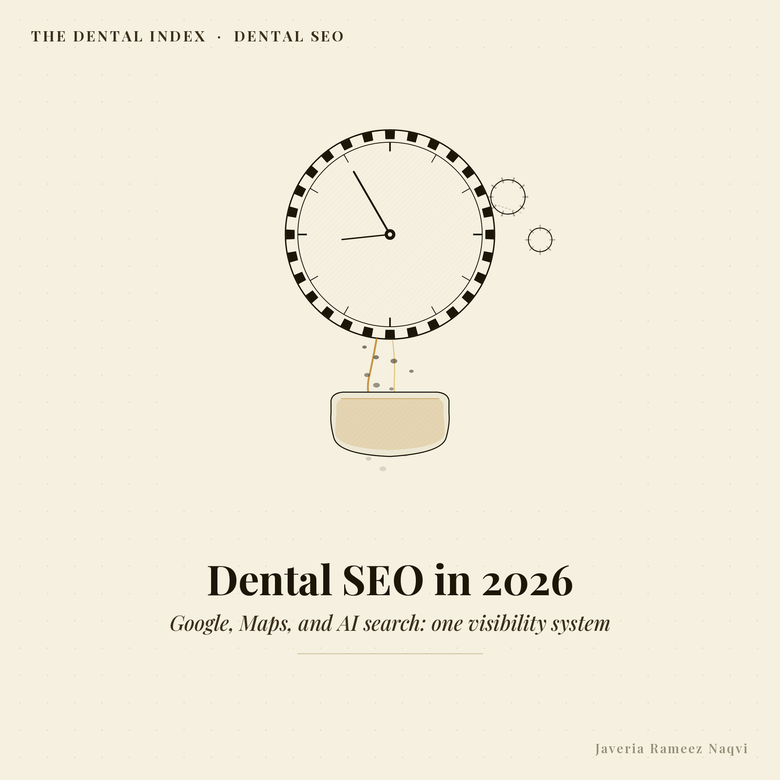 Editorial illustration: dental SEO in 2026 spans Google, Maps, and AI search